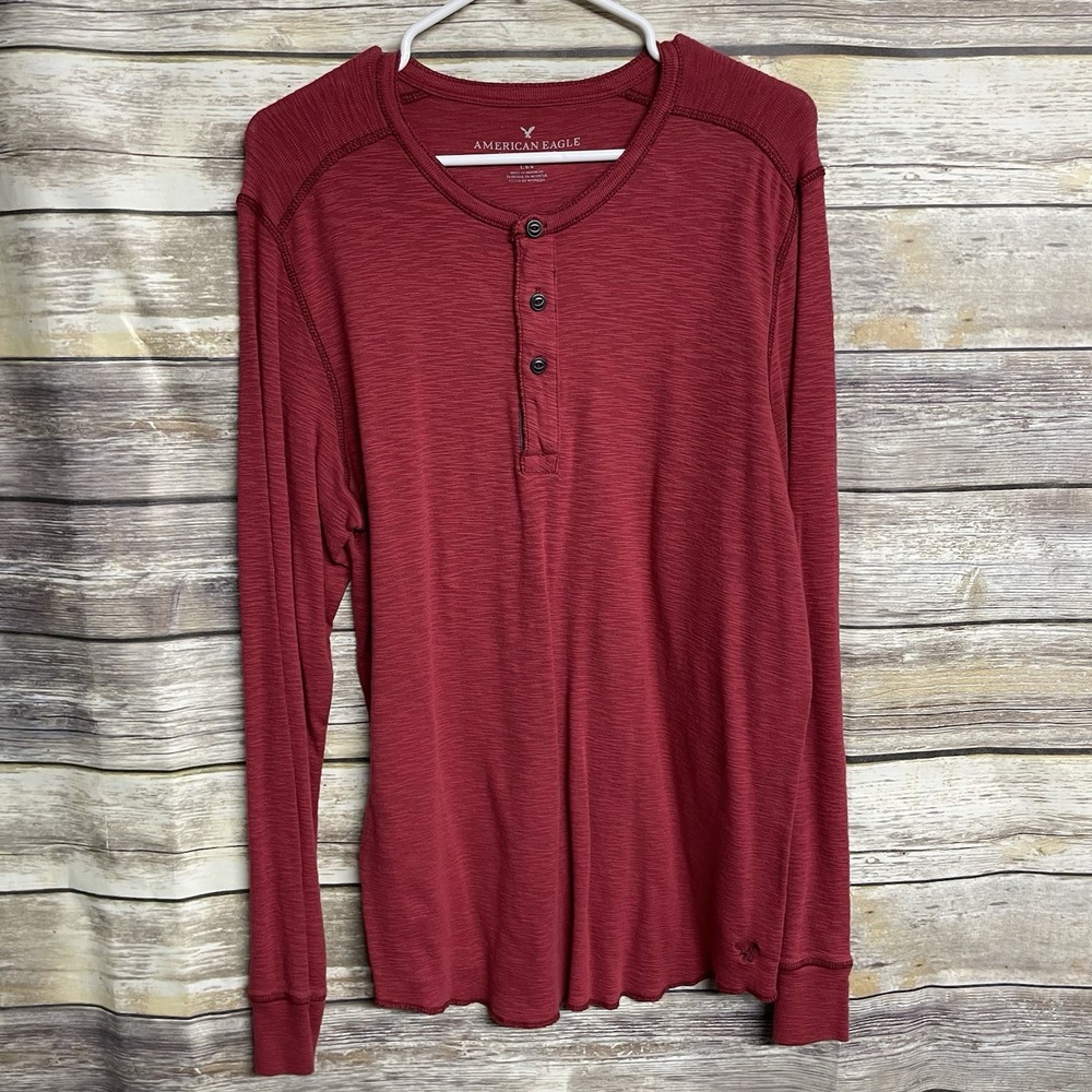 AE American Eagle 3 Button Shirt Long Sleeve Red 100% Cotton Men's Large